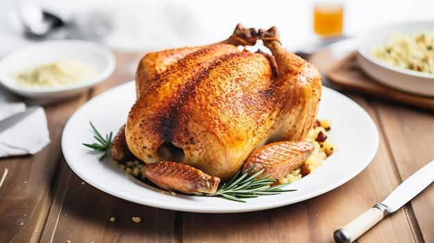 Homemade tasty rotisserie chicken on white plate