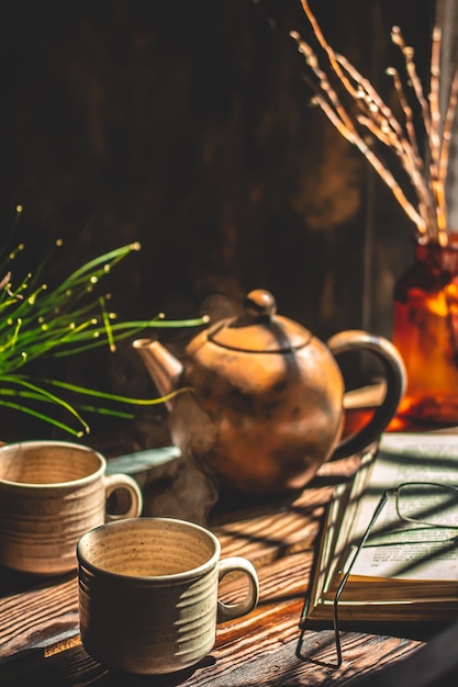 Homemade tea atmosphere Brown background