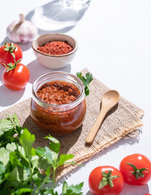 Homemade tomato sauce is an appetizer with tomatoes and hot peppers in a jar on a light background with fresh herbs and vegetables