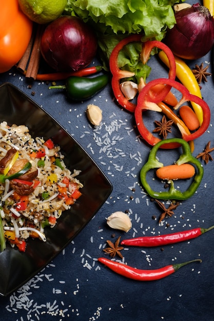 Homemade traditional chinese vegetarian meal. veggie and wheat sprouts salad