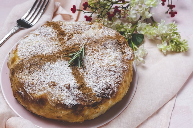 Homemade traditional moroccan pastilla or chicken bastilla. Halal food. Arabic cuisine concept