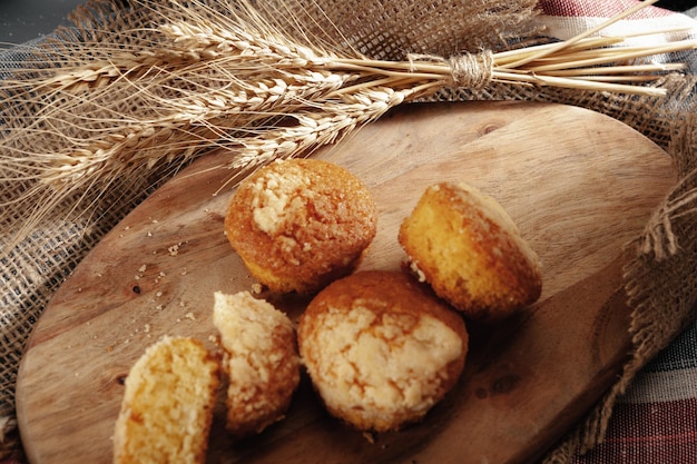 Homemade vanilla biscuits on wooden board close up