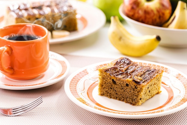 Homemade vegan banana bread or cake healthy dessert typical Brazilian afternoon coffee