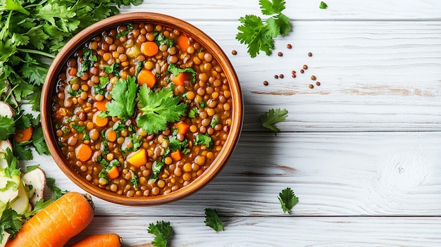 Photo homemade vegan lentil soup with vegetables on white wooden table