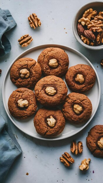 Homemade walnut cookies in white plate with walnuts on light table