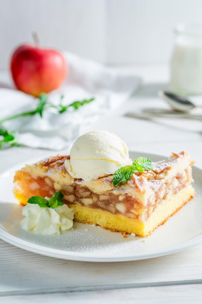 Homemade wanilla ice cream and apple pie made of fresh apples