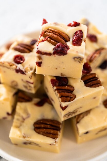 Homemade white chocolate cranberry pecan fudge