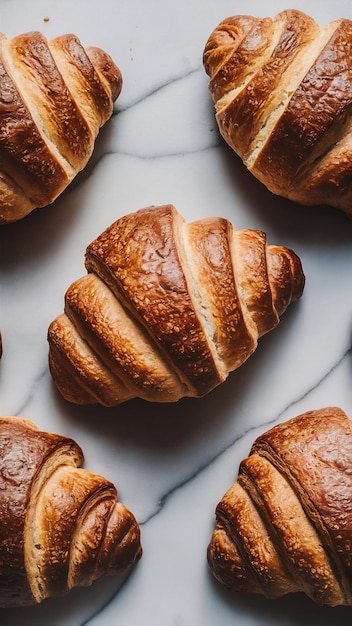 homemade whole wheat croissant bread on marble kitchen table top view with copy space for text