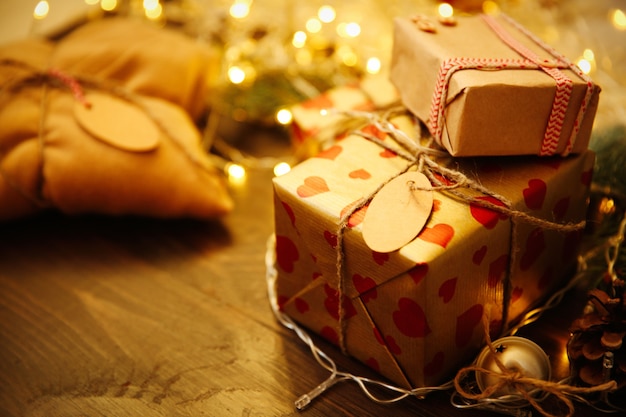 Homemade wrapped Christmas gifts on a table