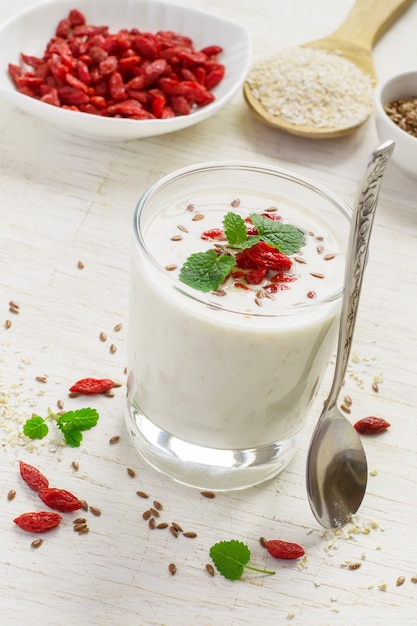 Homemade yogurt and healthy ingredients - Goji, flax seed, oat bran.