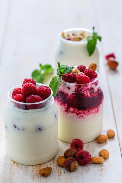 Homemade yogurt with raspberries and nuts