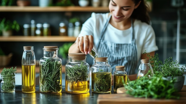 homeopath enthusiast mixes various organic oils and herbs with joy