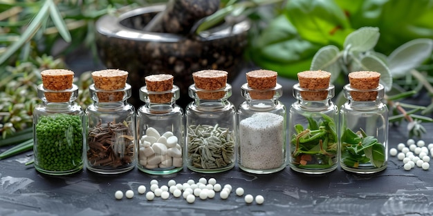 Homeopathic display with glass vials herbal extracts green herbs mortar pestle Concept Homeopathic Medicine Glass Vials Herbal Extracts Green Herbs Mortar and Pestle