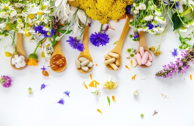 Homeopathy and dietary supplements from medicinal herbs Selective focus