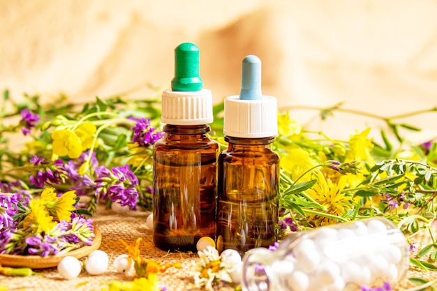 Homeopathy herbs and their extracts Selective focusnature