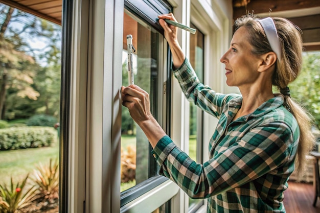 Photo homeowner replacing weatherstripping on doors and windows