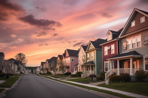 Homes in residential district with dramatic colourful sunset skies Illustration AI GenerativexA