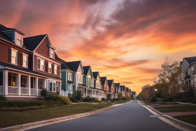 Homes in residential district with dramatic colourful sunset skies Illustration AI GenerativexA