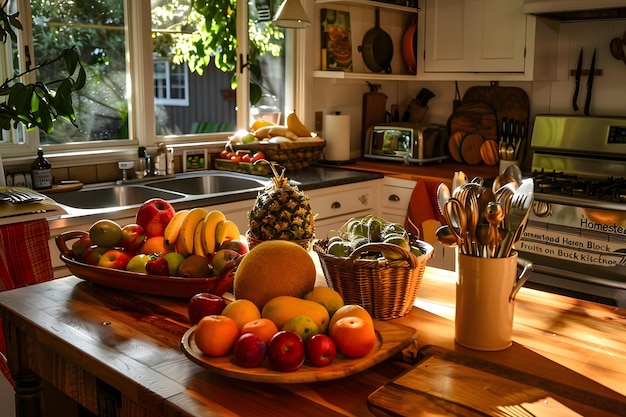 Homestead Haven Fruits on Butcher Block Island in Cozy Kitchen Create a homestead haven with fruits