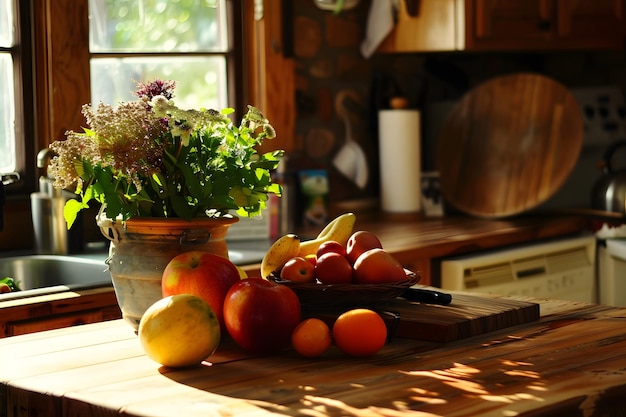 Homestead Haven Fruits on Butcher Block Island in Cozy Kitchen Create a homestead haven with fruits