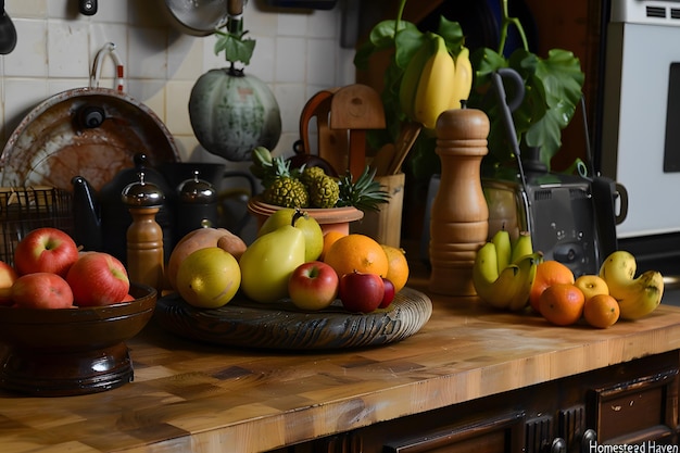 Homestead Haven Fruits on Butcher Block Island in Cozy Kitchen Create a homestead haven with fruits