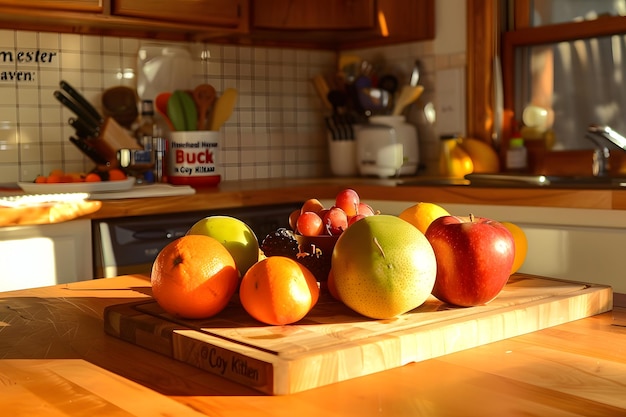 Homestead Haven Fruits on Butcher Block Island in Cozy Kitchen Create a homestead haven with fruits