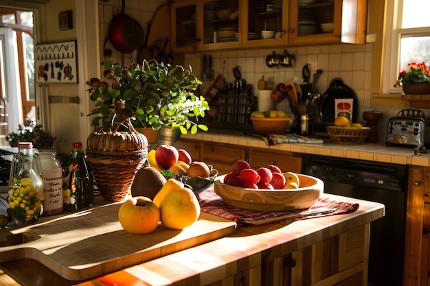 Homestead Haven Fruits on Butcher Block Island in Cozy Kitchen Create a homestead haven with fruits