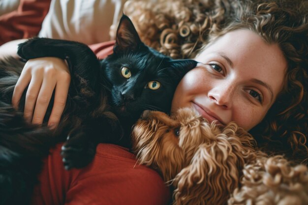 Photo homey happiness a woman smiles while holding a black cat in one hand and sharing a moment of closeness with her curlyhaired dog