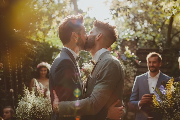 Photo homosexual couple celebrating wedding ceremony in garden