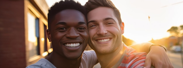 Homosexual couple happily hugging and smiling outdoors