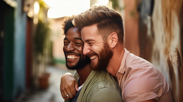 Homosexual couple happily hugging and smiling outdoors