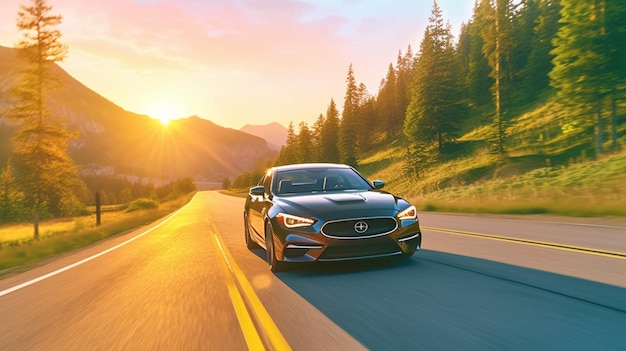 A honda sedan is driving down a road with a sunset in the background.