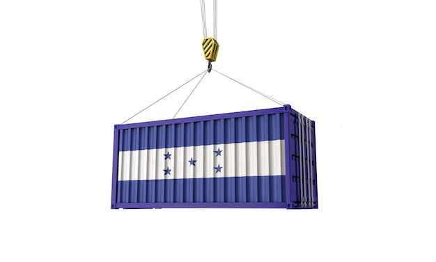 Honduras flag cargo trade container hanging from a crane d render