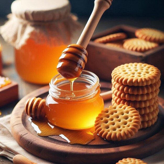 Photo honey bar with honey and biscuits on a wooden jar