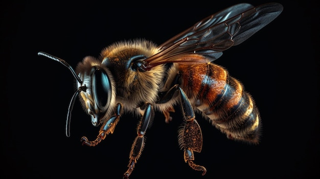 Honey bee on black backgroundgenerative ai