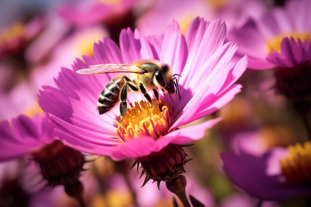 Honey bee collecting nectar and pollen from a colorful wildflower on a meadow on a sunny day morning Illustration about ecology sustainability and environmental protection Spring season in park