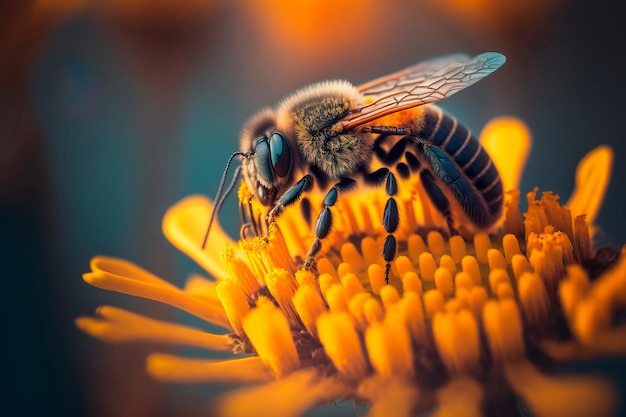 Honey Bee collecting pollen on yellow flower Generative AI