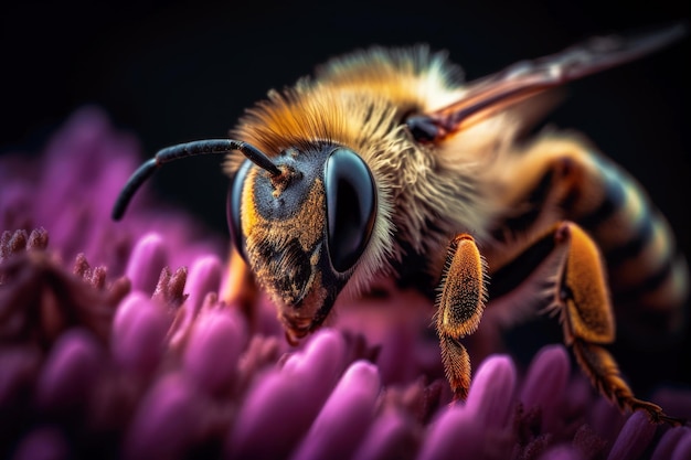 Honey bee collects pollen and nectar on flower honeybee macro view generative AI