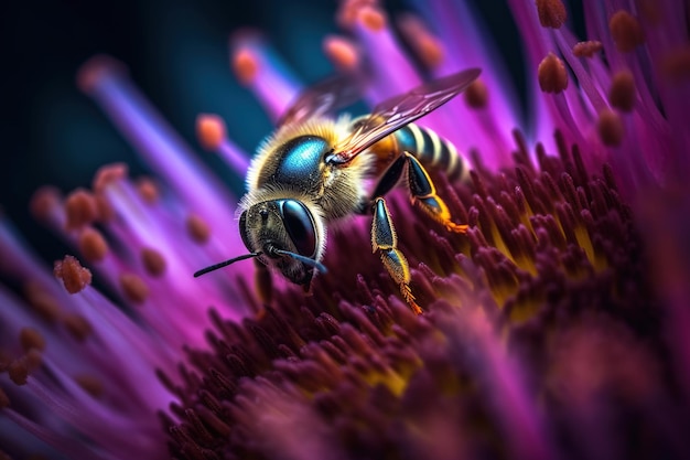 Honey bee collects pollen and nectar on flower honeybee macro view generative AI