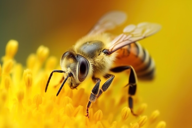 Honey bee collects pollen and nectar on flower honeybee macro view generative AI