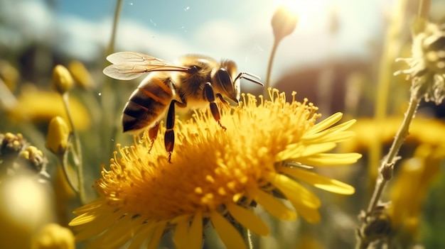 A honey bee collects pollen and nectar on flowersAIGenerative AI