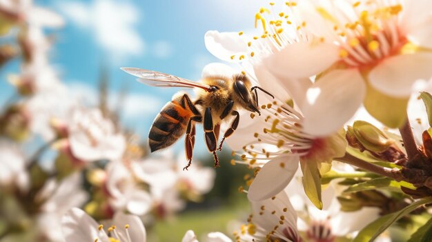 A honey bee collects pollen and nectar on flowersAIGenerative AI