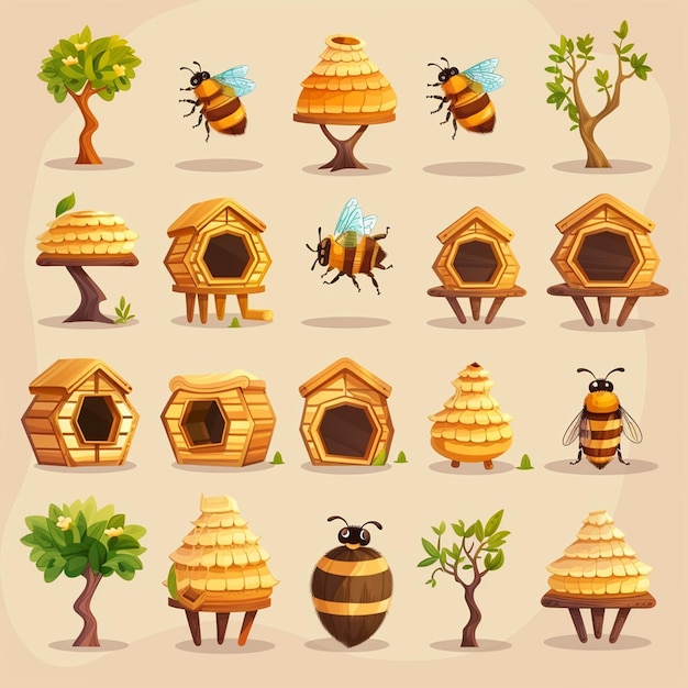 Photo honey bee hive icon set isolated on background