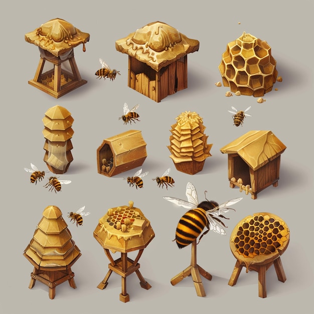 Photo honey bee hive icon set isolated on background