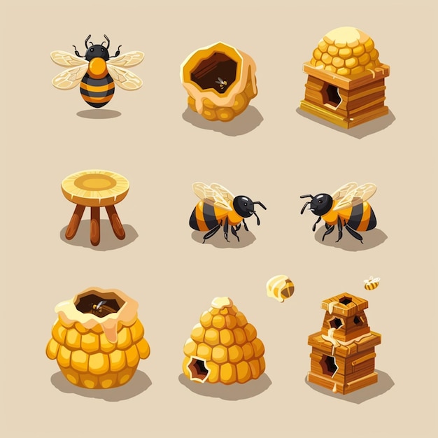 Photo honey bee hive icon set isolated on background