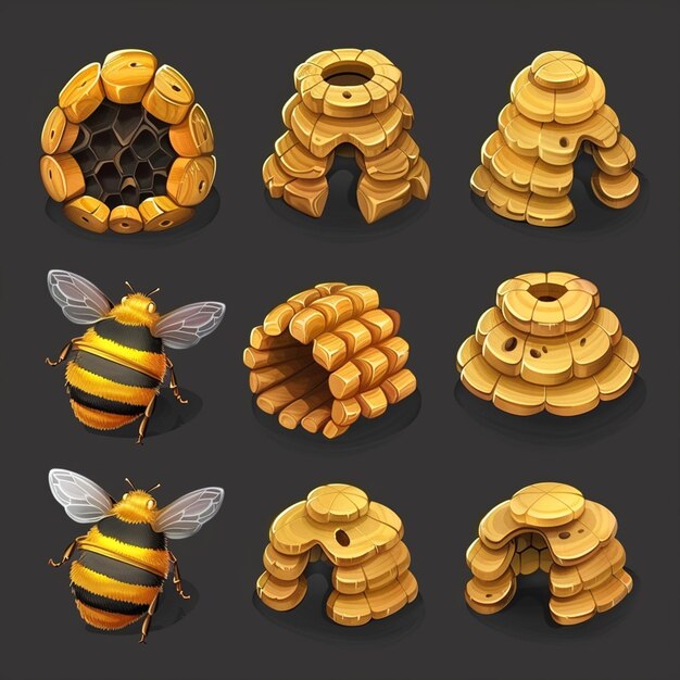 Photo honey bee hive icon set isolated on background