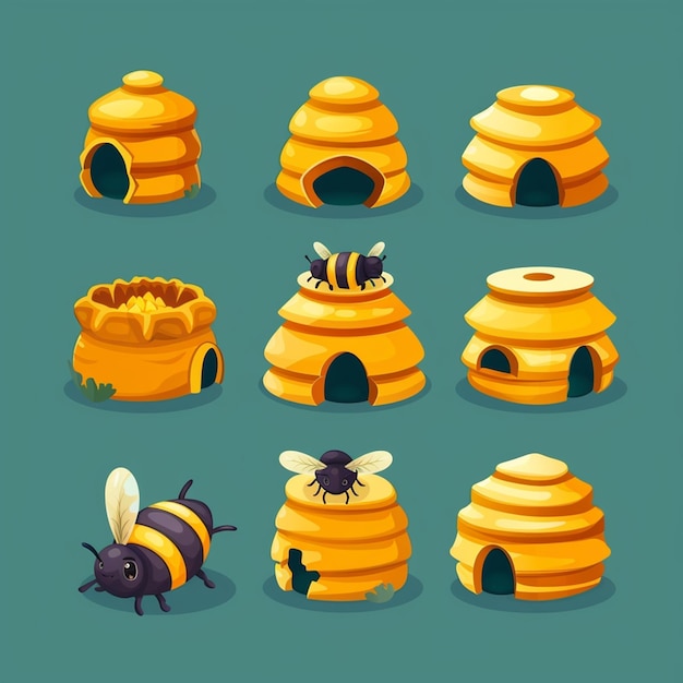 Photo honey bee hive icon set isolated on background