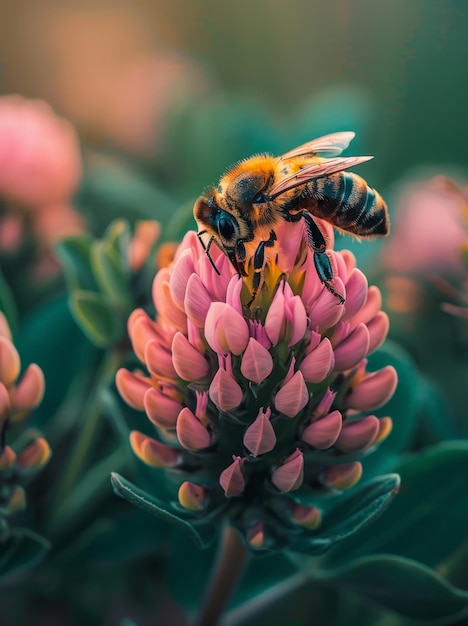 Honey Bee on Pink Flowers