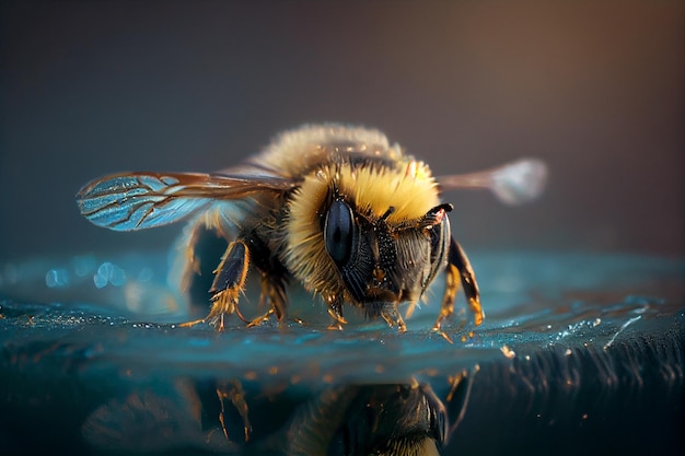 Honey bee on the surface of the water Macro photographygenerative ai