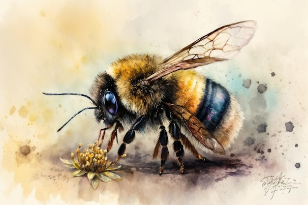 Honey bee watercolor painting handdrawn style